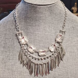 Layered statement necklace, tassels, crystals, lrg crystal clear rhinestones